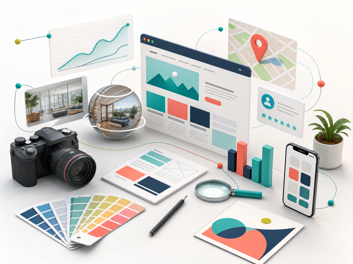 Ilustracja zestawu usług: strona, SEO, zdjęcia, grafika i spacer 360